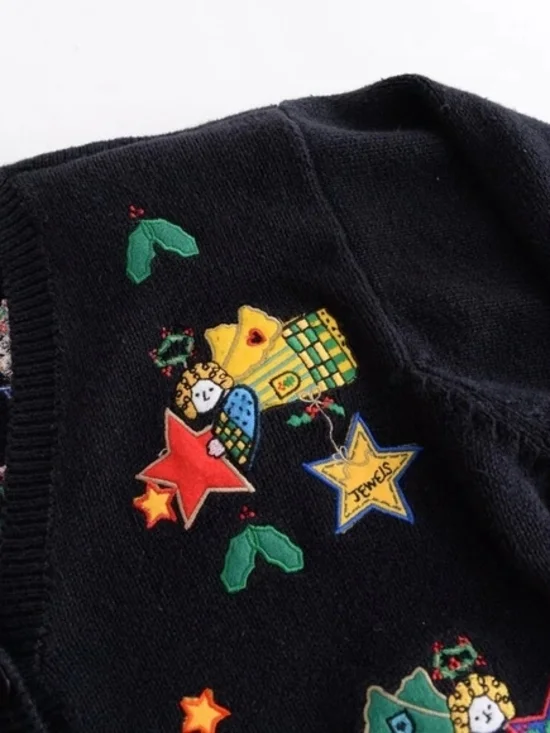 Black Cardigan with Colorful Embroidered Stars & Hearts - Picture 5 of 6